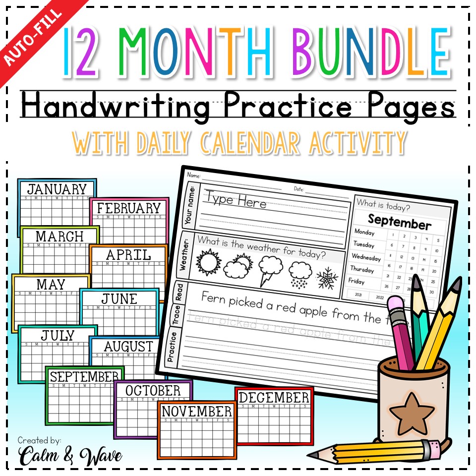 Whole Year Themed Daily Handwriting Practice Worksheets with Daily
